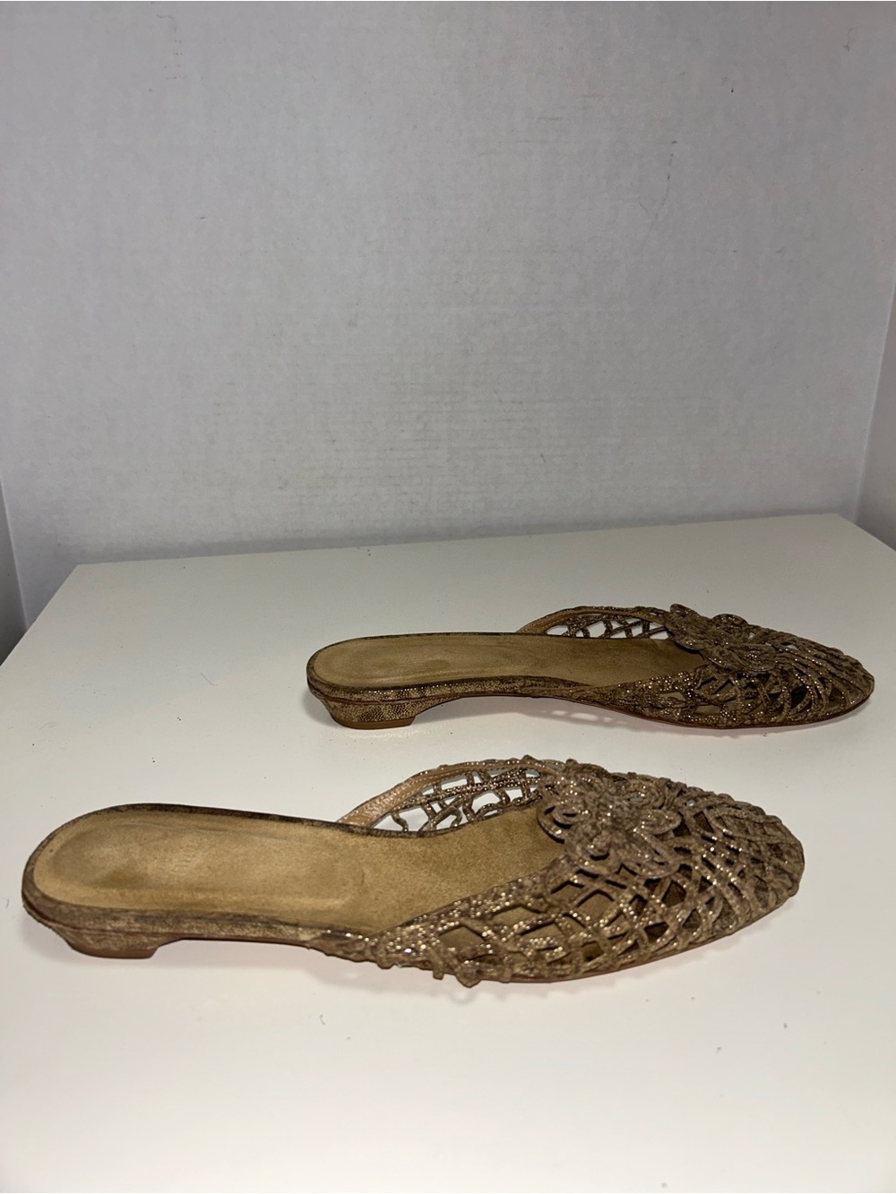 Stuart Weitzman Brown Gold Metallic Woven Leather Slip On Mule Slide
